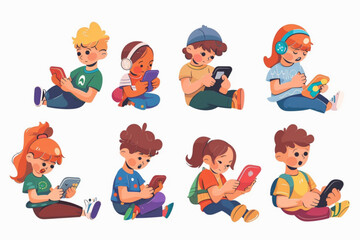 Child play phone. Kid using mobile for game vector. Boy and girl children addict with smart electronic gadget. Baby gamer holding technology for texting, education and watching video illustration set 