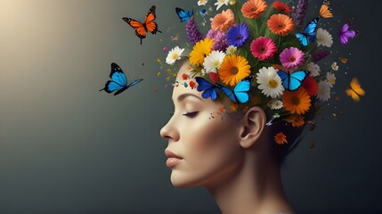  Female with Flowers and Butterflies, Positive Thinking, Creative Mind, Self Care, and Mental Health - Wellness Blogs, Mental Health Campaigns, Self Improvement Materials, Positive Psych