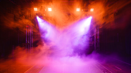 A stage bathed in neon orange smoke under a deep lavender spotlight, creating a vivid, energetic atmosphere.