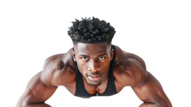 Young athletic black man doing push-ups on white background. Muscular and strong guy exercising