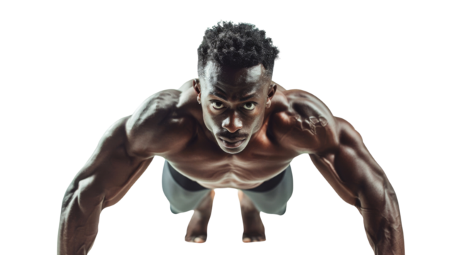 Young athletic black man doing push-ups on white background. Muscular and strong guy exercising