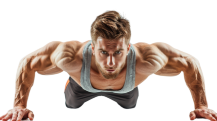 Young athletic man doing push-ups on white background. Muscular and strong guy exercising 