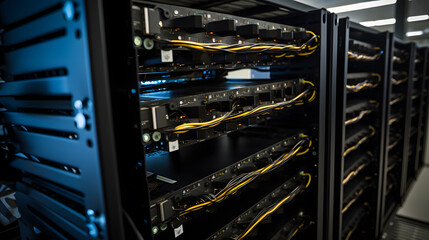 Server Racks and Cabinets full of Hard Drives inside Large Data Center. Advanced Cloud Computing Concept.