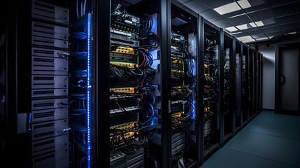 Server Racks and Cabinets full of Hard Drives inside Large Data Center. Advanced Cloud Computing Concept.