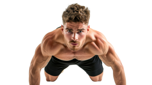 Young athletic man doing push-ups on white background. Muscular and strong guy exercising 