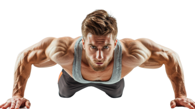 Young athletic man doing push-ups on white background. Muscular and strong guy exercising 