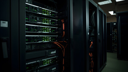 Server Racks and Cabinets full of Hard Drives inside Large Data Center. Advanced Cloud Computing Concept.