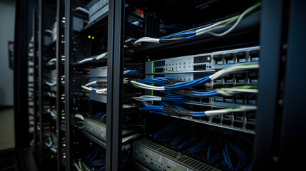Server Racks and Cabinets full of Hard Drives inside Large Data Center. Advanced Cloud Computing Concept.