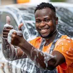 happy young man, car wash worker, shows class, thumbs up and looks at camera; car wash on a blurred background, space for text; banner, Sunny day
