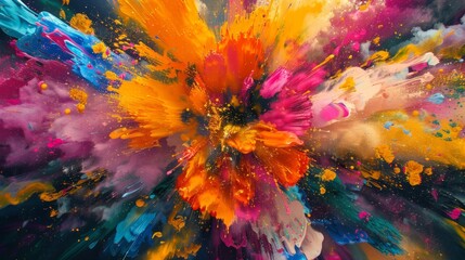 Dynamic abstract painting with splashes of vivid colors and gold sparks.