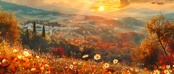Autumn Mountain Valley at Sunset, Colorful Trees and Mist Creating a Stunning Landscape