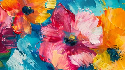 Colorful close-up of vibrant, thick paint strokes creating a floral pattern.