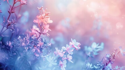 A whimsical soft focus view of pastel-colored flowers in gentle light.