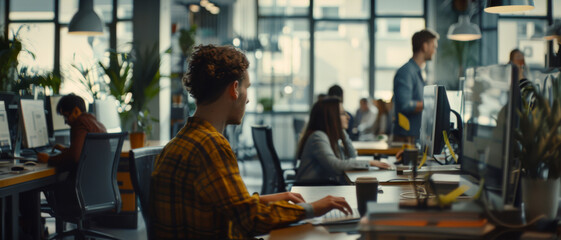A diverse group working in an open office space, with team members using computers and desks to complete tasks together.