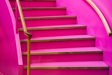 Bright magenta stairs with a chic wooden handrail, bold and fashionable style.