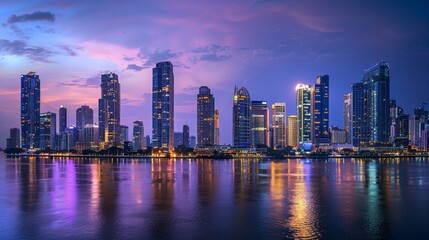 Spectacular cityscape with colorful reflections on the water at sunset.