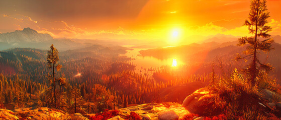 Autumn Sunrise Over the Forest, Colorful Foliage and Misty Valleys