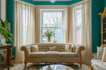 Chic living room with teal walls, beige tufted sofas, golden decor, and a large bay window with sheer curtains.
