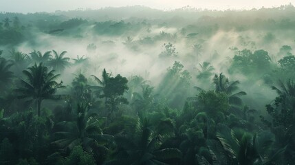 A serene view of a fog-covered tropical forest in early morning light.