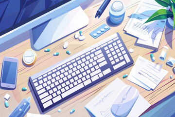 Doctor workplace top view. Vector cartoon illustration of computer keyboard and mouse on wooden desk, blister with pills and tablets, paper prescriptions, medical records on table, healthcare services