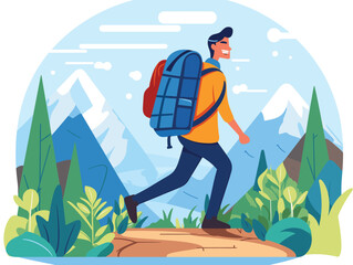 Young male hiker trekking mountains smiling, wearing backpack, casual outdoor clothing. Man enjoying hiking adventure, walking trail mountain range, blue sky. Cartoon character explores nature