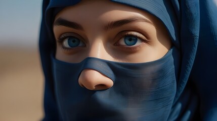 Close-Up Portrait of Young Muslim Woman in Blue Burqa with Hidden Face - Cultural Diversity, Islamic Fashion, Modest Clothing, Expressive Eyes

