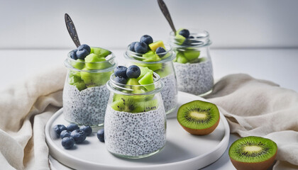 Three jars of chia seed pudding, topped with fresh kiwi slices and blueberries, beside a halved coconut and kiwi on a white surface