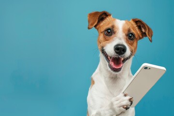 Dog holding white smartphone, joyful expression.
