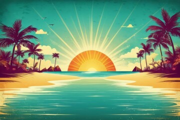 Obraz premium Illustration of retro vintage seascape banner, sand beach and palm trees on sunset background. Design for card, poster, banner
