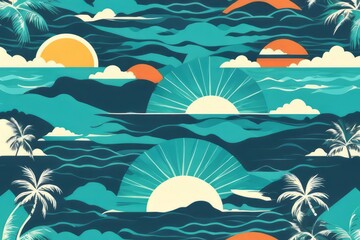 Illustration of retro vintage seascape banner, sand beach and palm trees on sunset background. Design for card, poster, banner