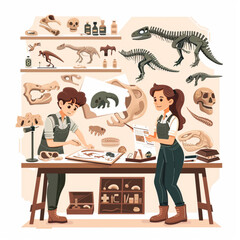 Fossil lab interior with paleontology scientists. Cartoon vector illustration of female and male archaeologist characters work with dinosaur skulls and bones. laboratory for prehistoric era explorer. 