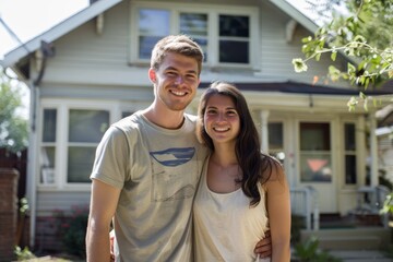 Naklejka premium Young couple smiling in front of their home.