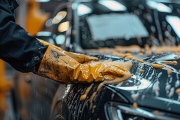 close-up of male hands in yellow rubber gloves of a car wash worker polishing a car body with a sponge, banner, space for text.