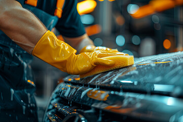 close-up of male hands in yellow rubber gloves of a car wash worker polishing a car body with a sponge, banner, space for text.