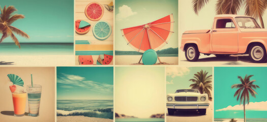 Retro vintage summer tropical collage for banner. Beach and palm trees, retro car, sunset in the beach. Design for card, poster, flyer