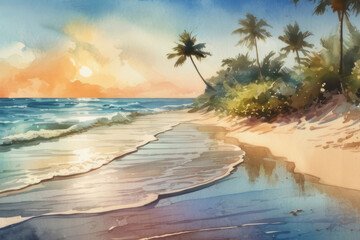 Watercolor illustration of retro vintage seascape banner, sand beach and palm trees on sunset background. Design for card, poster, banner