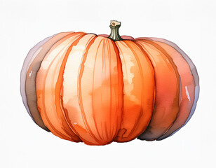 An illustration of a vibrant orange pumpkin with a green stem, showcasing a watercolor texture effect