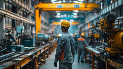 A male worker in a hard hat and protective gear observes the operations of heavy machinery in a bustling factory setting.