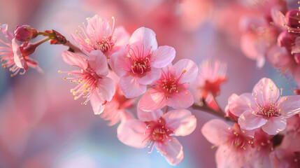 Fototapeta premium Soft pink cherry blossoms bloom, highlighting the beauty of spring with delicate flowers and a dreamy backdrop.