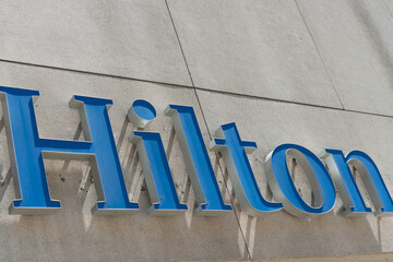 Obraz premium exterior sign of Hilton Toronto, a four-star hotel, located at 145 Richmond Street West