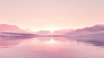 Pink-hued serene sunrise over calm lake and distant mountains