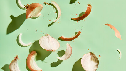 group of onions sit on a vibrant green surface, with a sliced onion falling from above onto the flat lay.