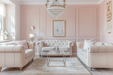 Elegant living room with blush pink walls, cream chesterfield sofas, rose gold accents, and a crystal pendant light.