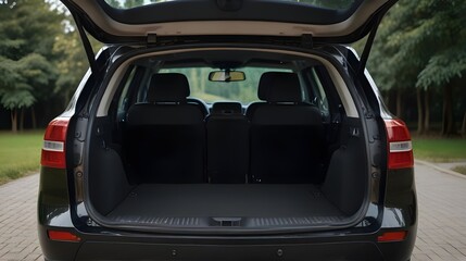 Clean and Empty - Rear View of Black SUV with Open Trunk, Compact SUV Features,Automotive Reviews, Car Features Demonstrations, SUV Advertisement, Travel and Lifestyle Magazines






