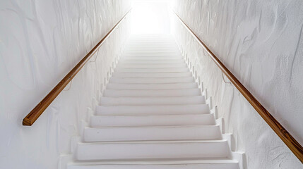 Frost white stairs with a wooden handrail, full view from the base looking up.