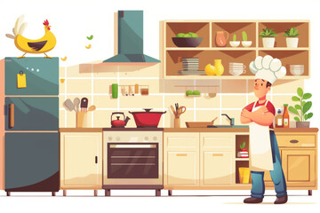 Hen and surprised chef man on home kitchen cartoon. Modern house room interior with fridge, oven, counter, modular cupboard and shelf. Sunlight indoor decoration. Farm animal in apartment concept vect