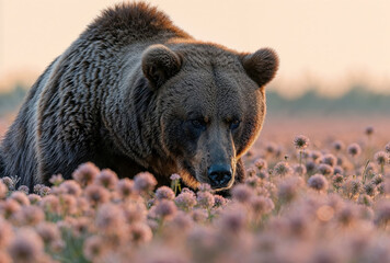 Big brown bear is seen in the middle of a sunny field full of flowers.