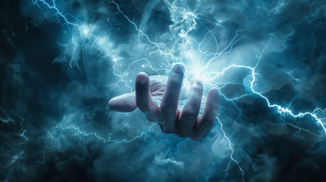 A hand reaching out amidst intense storm clouds and lightning