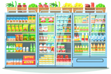 Grocery store aisle interior inside vector cartoon. Supermarket shelf and refrigerator for food. Basket, cart and fridge showcase for fish meat and vegetable to sell. Indoor mall furniture design set 