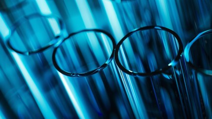Sleek blue test tubes creating optical illusions with light reflections.